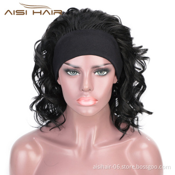 Aisi Hair Short Women Black Curly Wigs with Headband Heat Resistant Synthetic Fiber Wigs with Bandage For Lady